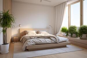 ai gegenereerd interieur van modern slaapkamer met beige muren, houten verdieping en comfortabel koning grootte bed. foto