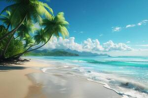 ai gegenereerd tropisch strand met palm bomen en turkoois zee. foto