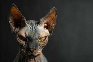 ai gegenereerd kaal sphynx kat met gerimpeld huid, dichtbij omhoog portret foto