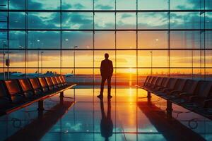 ai gegenereerd silhouet van een zakenman staand in een luchthaven Bij zonsopkomst. foto