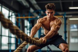 ai gegenereerd atleet het uitvoeren van strijd touw oefening in Sportschool. foto