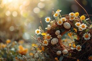 ai gegenereerd voorjaar Pasen krans versierd met gespikkeld eieren en een verscheidenheid van wilde bloemen badend in warm zonlicht foto