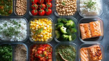 ai gegenereerd voorgeportioneerd maaltijd prep containers gevulde met evenwichtig voedingsmiddelen inclusief granen, eiwitten, en een verscheidenheid van groenten voor gezond aan het eten foto