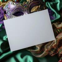 ai gegenereerd wit groet kaart mockup omringd door mardi gras decoraties foto