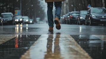 ai gegenereerd dichtbij omhoog van de poten van een jong Mens wandelen langs een nat straat gedurende de regenen, ai generatief foto