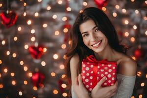 ai gegenereerd gelukkig vrouw Holding een geschenk met hart decoraties. foto
