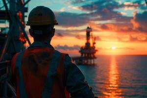ai gegenereerd offshore olie arbeider met uitzicht tuigage Bij zonsondergang met ai gegenereerd. foto
