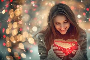 ai gegenereerd gelukkig vrouw Holding een geschenk met hart decoraties. foto