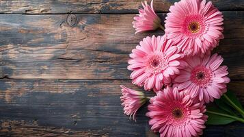 ai gegenereerd een boeket van roze gerbera madeliefjes gelegd Aan een houten oppervlakte foto