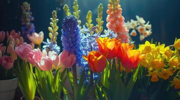 ai gegenereerd voorjaar bloemen in zonnig dag in natuur, hyacint, krokus, gele narcis, tulp,, kleurrijk natuurlijk voorjaar achtergrond, ai gegenereerd foto