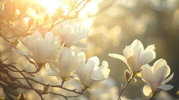 ai gegenereerd voorjaar bloemen in zonnig dag in natuur, bloeiend magnolia, kleurrijk natuurlijk voorjaar achtergrond, ai gegenereerd foto