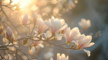 ai gegenereerd voorjaar bloemen in zonnig dag in natuur, bloeiend magnolia, kleurrijk natuurlijk voorjaar achtergrond, ai gegenereerd foto