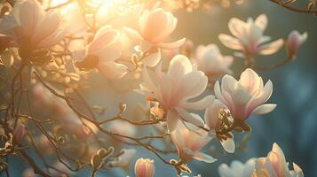 ai gegenereerd voorjaar bloemen in zonnig dag in natuur, magnolia, kleurrijk natuurlijk voorjaar achtergrond, ai gegenereerd foto