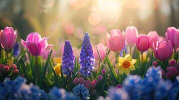 ai gegenereerd voorjaar bloemen in zonnig dag in natuur, hyacinten, krokussen, narcissen, tulpen, kleurrijk natuurlijk voorjaar achtergrond, ai gegenereerd foto
