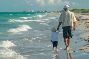 ai gegenereerd opa en kleinzoon genieten van wandelen Aan strand met ai gegenereerd. foto