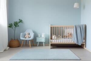 ai gegenereerd blauw baby slaapkamer met kinderbed en tapijt. foto