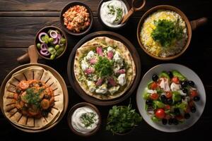 ai gegenereerd Grieks voedsel achtergrond. meze, gyros, souvlaki, vis, pita, Grieks salade, tzatziki, assortiment van feta, olijven en groenten. foto