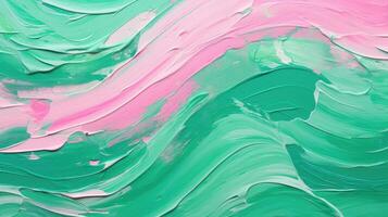 ai gegenereerd abstract kleurrijk groen en roze kleuren kunst schilderij structuur met olie of acryl penseelstreek golven foto