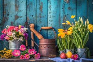 ai gegenereerd voorjaar bloemen met tuinieren gereedschap foto