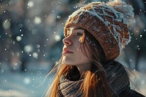 ai gegenereerd mooi portret van een meisje in winter. foto