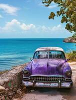 ai gegenereerd wijnoogst Purper Amerikaans auto in Cubaans kust foto