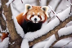 ai gegenereerd rood panda in sneeuw gedekt boom foto