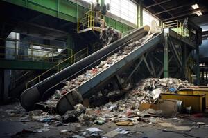ai gegenereerd vuilnis transportband riem waar stukken van vuilnis zijn gesorteerd in verschillend formaat breuken Bij de recycling fabriek. foto