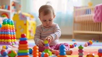 ai gegenereerd een baby spelen met speelgoed in een kamer foto