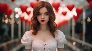 ai gegenereerd een vrouw in een wit jurk staand in voorkant van rood harten foto