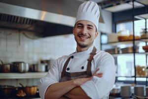 ai gegenereerd glimlachen chef met armen gekruiste in professioneel keuken foto