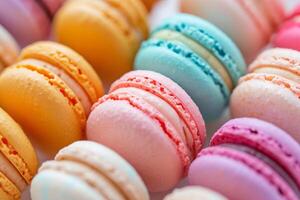 ai gegenereerd gekleurde macarons in rijen, detailopname. banketbakkerij producten foto