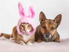 ai gegenereerd schattig kat en hond vervelend konijn oren hoofdband studio schot achtergrond, Pasen ei viering concept foto