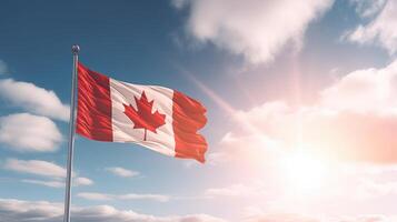 ai gegenereerd vlag van de Canada golvend in de wind in voorkant van de zon. Canadees vlag tegen de blauw lucht. foto