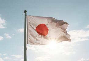 ai gegenereerd japans vlag blazen in de wind tegen glimmend lucht. foto