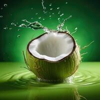 ai gegenereerd vers half gebarsten kokosnoot vallen in water en maken een mooi water plons, geïsoleerd Aan licht groen achtergrond. foto