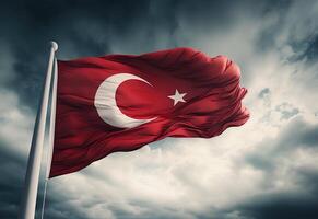 ai gegenereerd golvend Turks vlag tegen de achtergrond van de donker wolk. foto