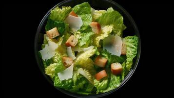 ai gegenereerd klassiek Caesar salade met knapperig eigengemaakt croutons en een licht Caesar dressing. versnipperd of geschoren Parmezaanse kaas kaas. het beste schotel voor indruk maken avondeten gasten. foto