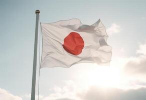 ai gegenereerd japans vlag blazen in de wind tegen glimmend lucht. foto
