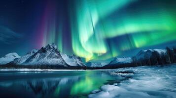 ai gegenereerd noordelijk lichten majestueus Aurora borealis over- ijsbergen, sneeuw bergen, en meren in polair Regio's. foto