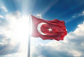 ai gegenereerd golvend Turks vlag tegen de achtergrond van de blauw lucht. foto