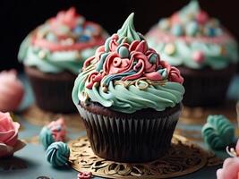 ai gegenereerd cupcakes met ingewikkeld glimmertjes foto