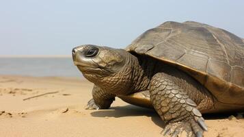 ai gegenereerd majestueus zee schildpad resting Aan zanderig strand tegen mooi blauw oceaan backdrop foto