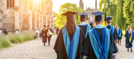 ai gegenereerd zelfverzekerd afstuderen in historisch Universiteit gang met leeftijdsgenoten, grootsheid, ruimte voor tekst foto