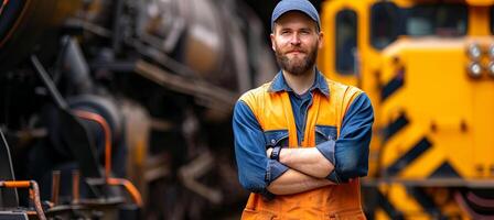 ai gegenereerd gebaard trein bestuurder in voorkant van trein, glimlachen met armen gekruist, vervelend hoed, kopiëren ruimte beschikbaar foto