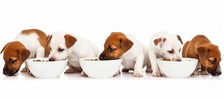 ai gegenereerd opgewonden puppy's in de omgeving van voedsel schaal, huiselijk huisdieren genieten van maaltijd, voeding achtergrond, panoramisch visie foto