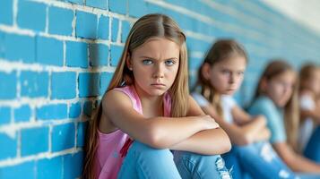 ai gegenereerd moedeloos schoolmeisje gevoel geïsoleerd ten gevolge naar pesten, staand alleen in de gang Bij school- foto