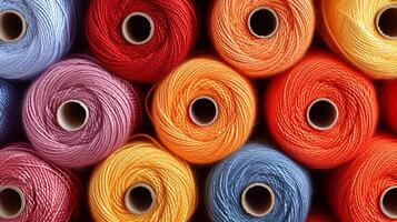 ai gegenereerd kleurrijk katoen draden Aan kleermaker textiel kleding stof achtergrond met naaien draden van divers kleuren foto