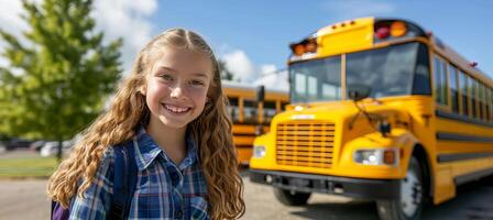 ai gegenereerd vrolijk elementair school- meisje klaar naar bord school- bus, met ruimte voor tekst plaatsing foto