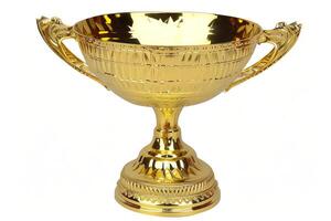 ai gegenereerd elegant goud trofee kop geïsoleerd Aan wit achtergrond voor prijzen en prestaties foto