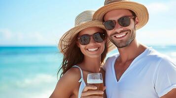 ai gegenereerd paar genieten van verkoudheid bier Aan paradijs strand in verzengende zomer, met uitgebreid tekst ruimte foto